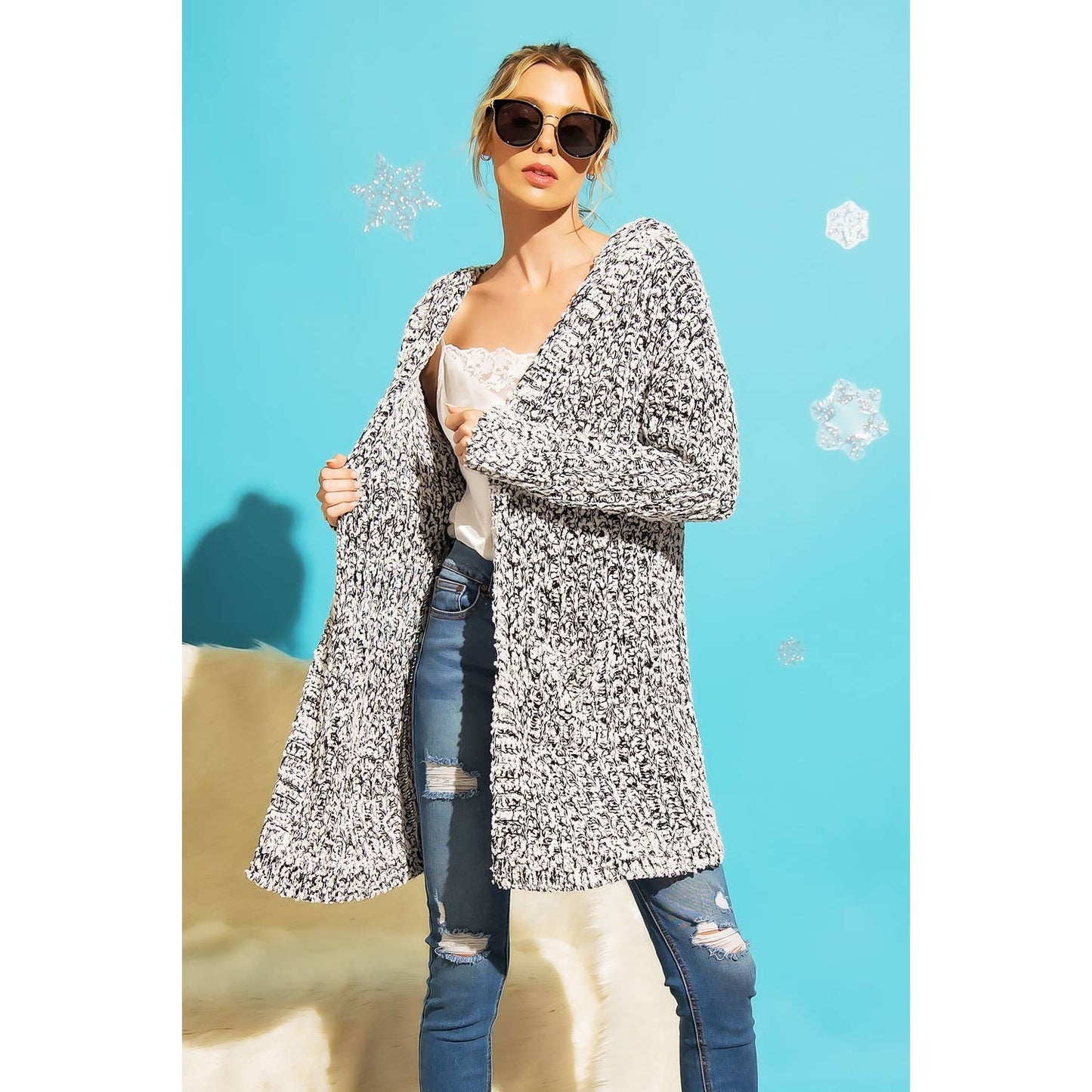 RIBBED POPCORN KNIT LONG OPEN HOODIE CARDIGAN: Adobe / SM