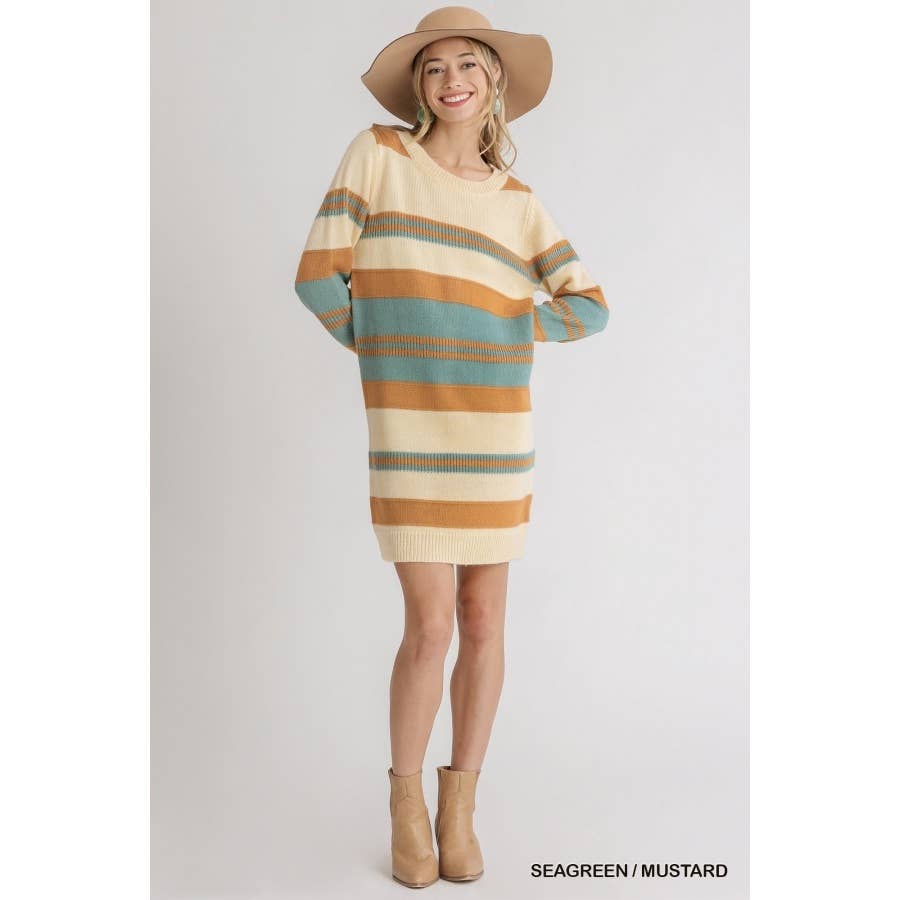 Multi Stripe Long Sleeve Knit Sweater Dress: Grey Navy / S