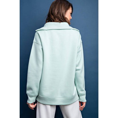 FRENCH TERRY RIBBED MOCK NECK PULLOVER: Sky Blue / L