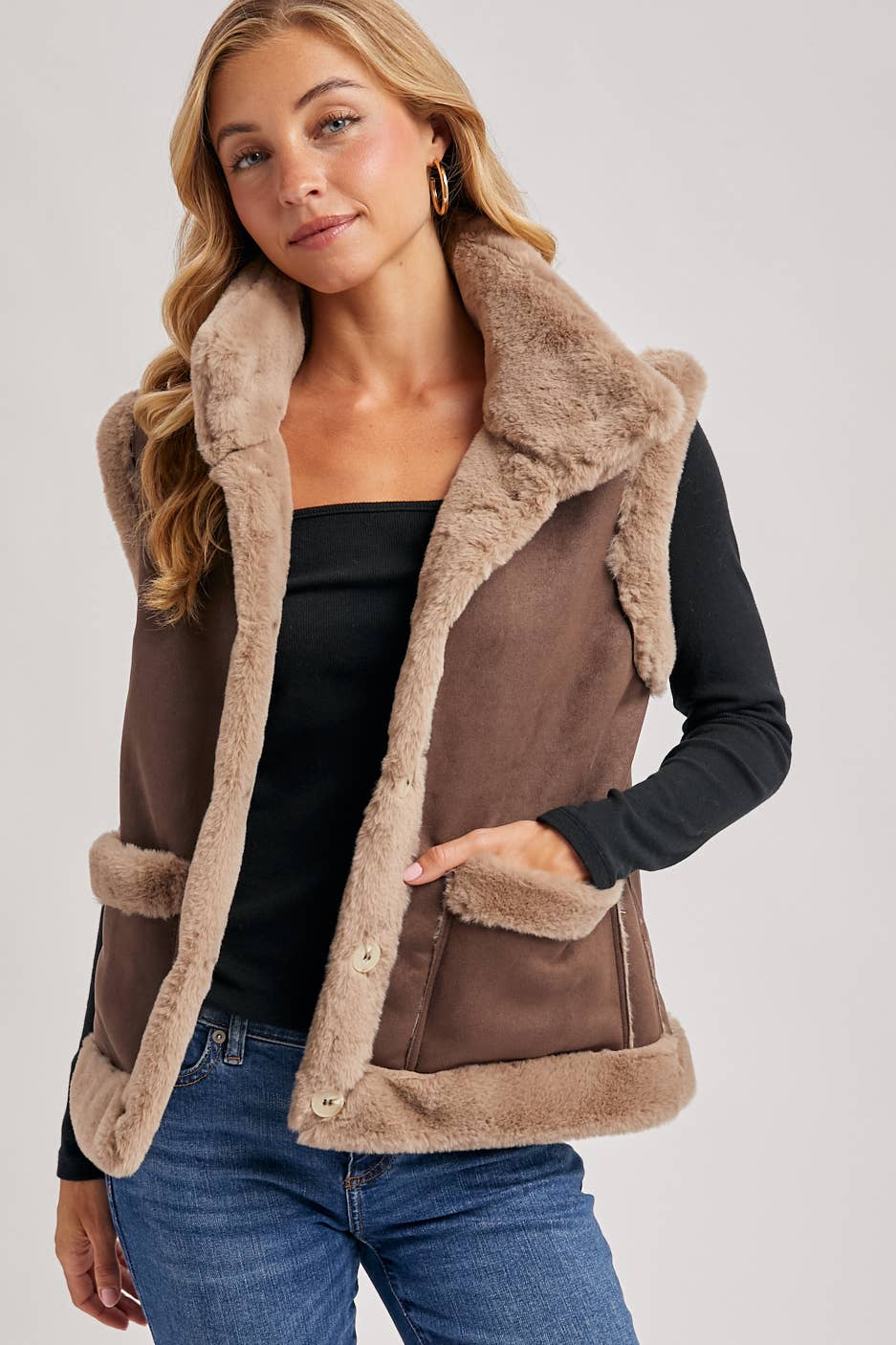 FAUX SUEDE WITH FAUX SHEARLING LINING TRIM VEST