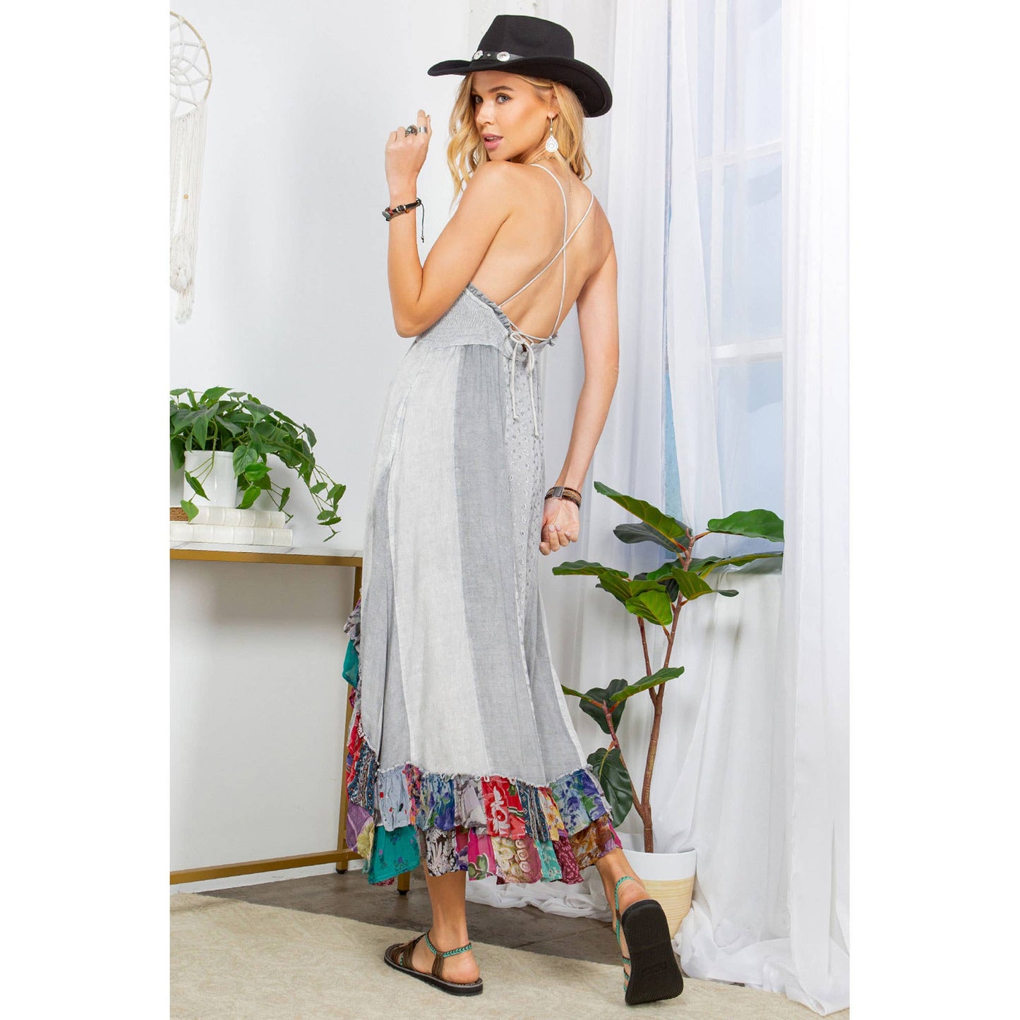 Sun-Kissed Patchwork: Smocked Bliss Boho Mid-Length Dress 