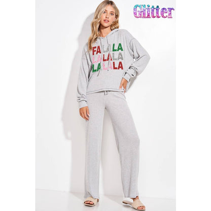 Falalala glitter print rib Hoodie loungewear set