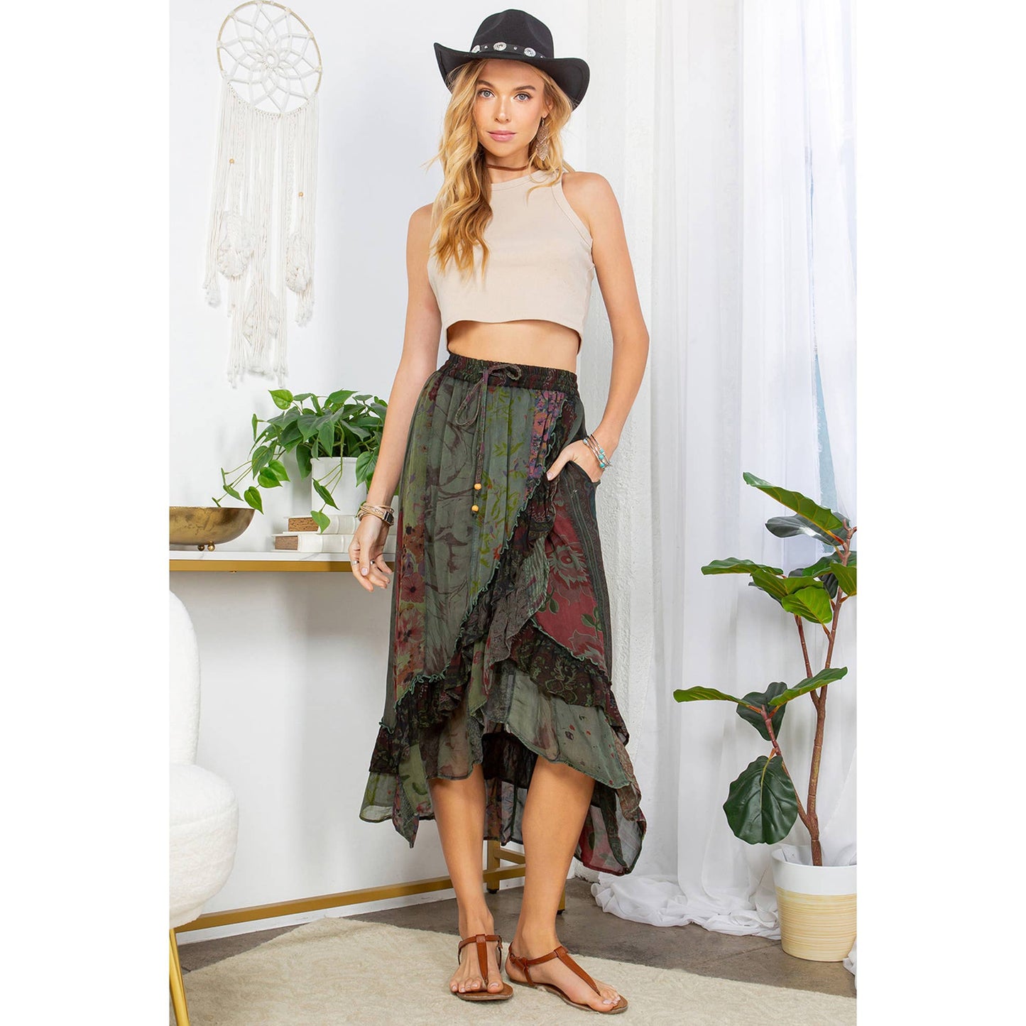 Boho Fusion: Ruffled wrapped look Fit&Flare Midi Skirt