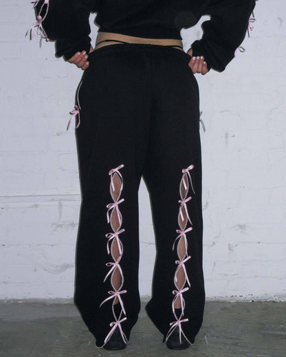 Black Solid color bow velvet casual hollow sweatshirt sports pants