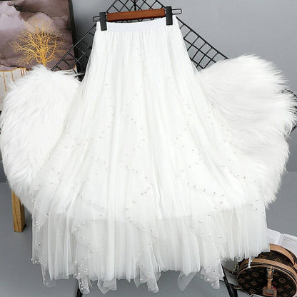 BEADED MESH PLEATED SKIRT A LINE TULLE SKIRT_CWBLS0398