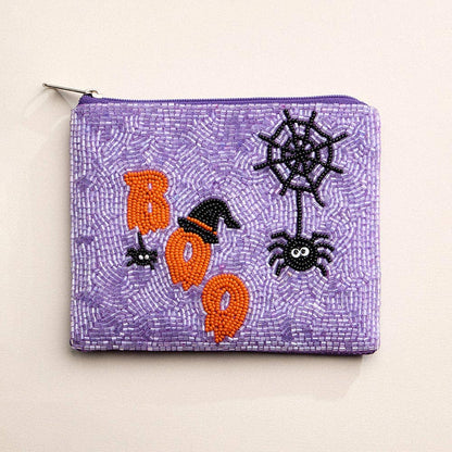 BOO Message Halloween Spider Seed Beaded Mini Pouch Bag