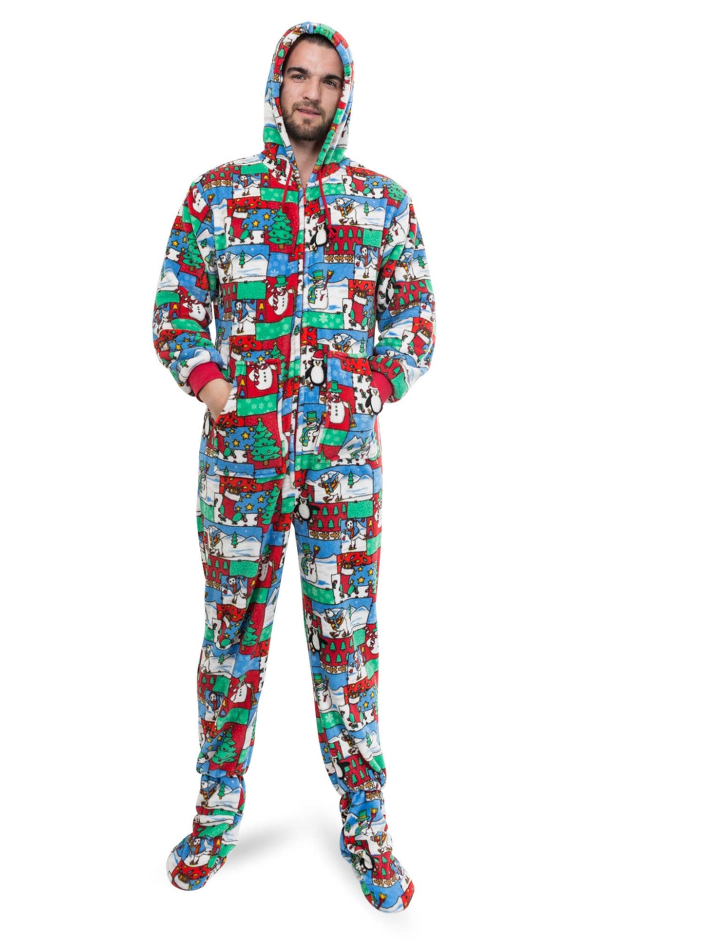 Winter Fun Christmas Adult Footed Pajamas with Hood: M / Yes