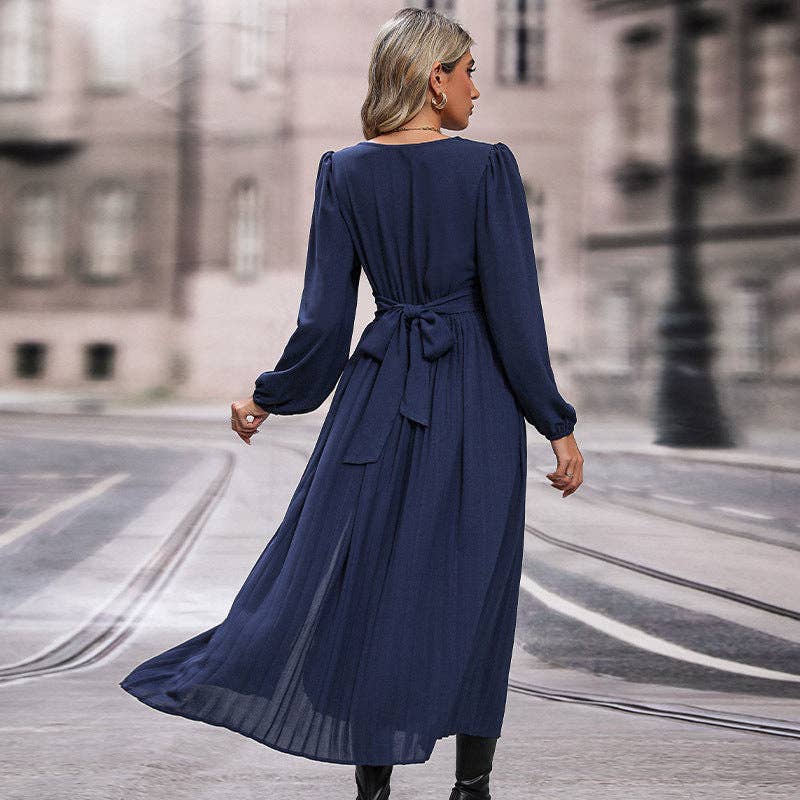 Long Sleeve Solid Color A-Line Midi Dress
