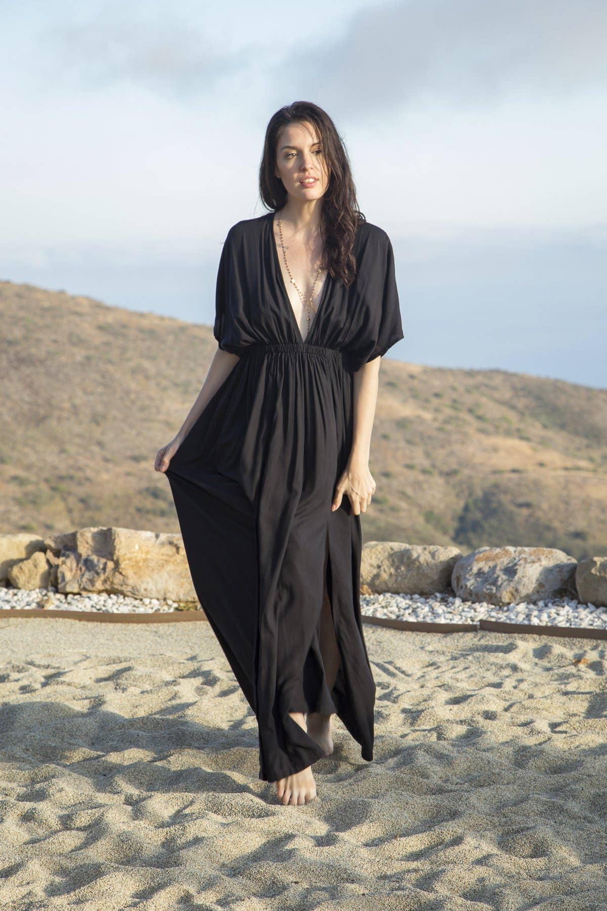 Amy Kimono Maxi Slit Dress in Santorini Solids, Long Bohemia: Black