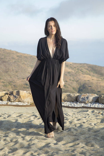 Amy Kimono Maxi Slit Dress in Santorini Solids, Long Bohemia: Black