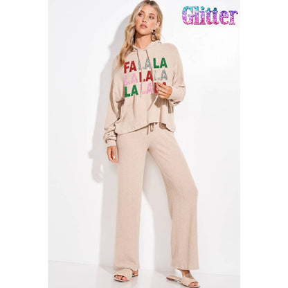 Falalala glitter print rib Hoodie loungewear set