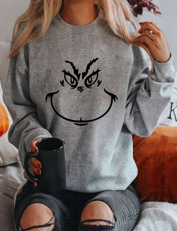 Grinch Face, Christmas, Unisex Crewneck Fleece Sweatshirts: Charcoal / L