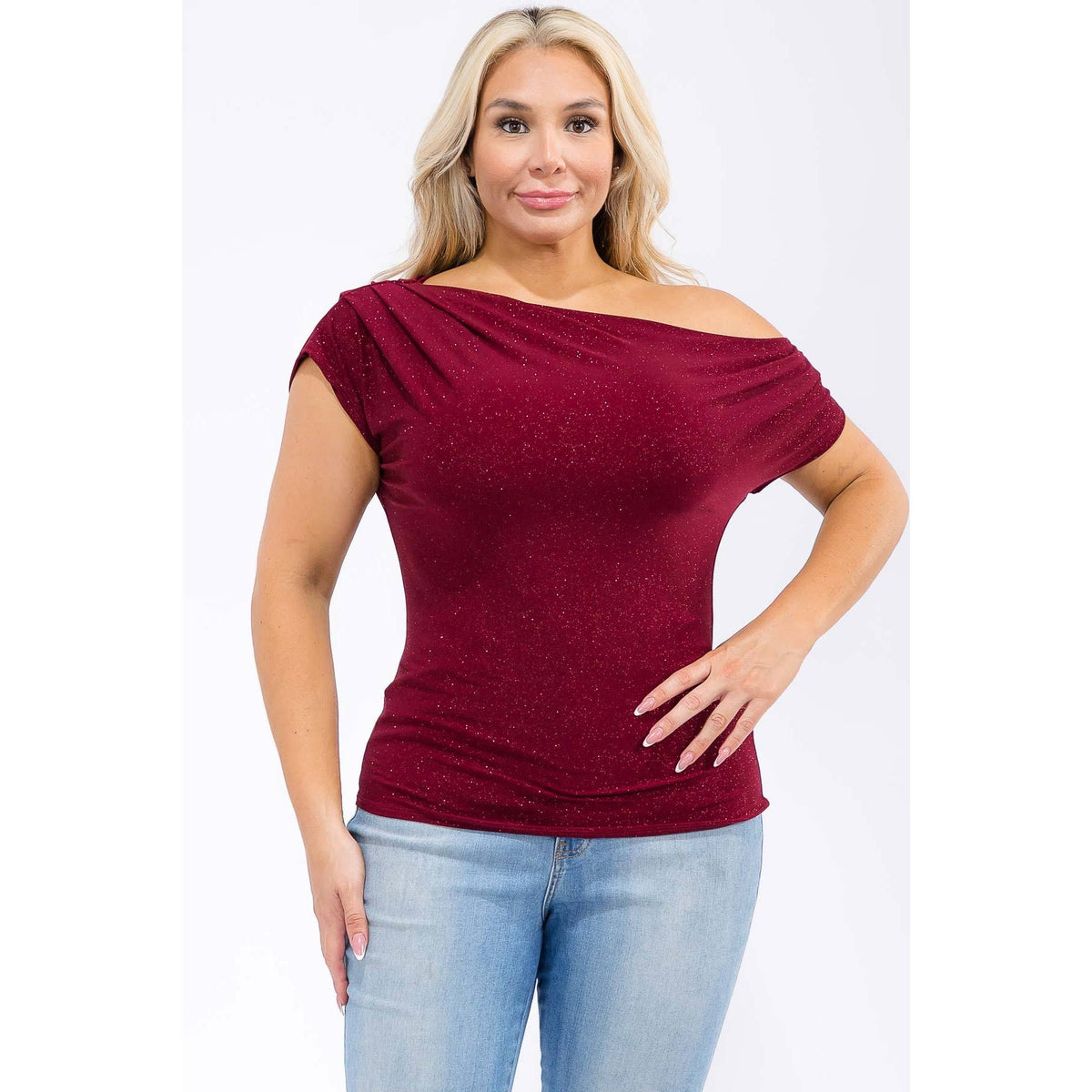 PLUS SIZE GLITTER OFF SHOULDER RUCHED SLEEVE TOP