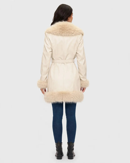 CLAPC0018: Women's Faux Leather Coat, Faux Fur Contrast Trim
