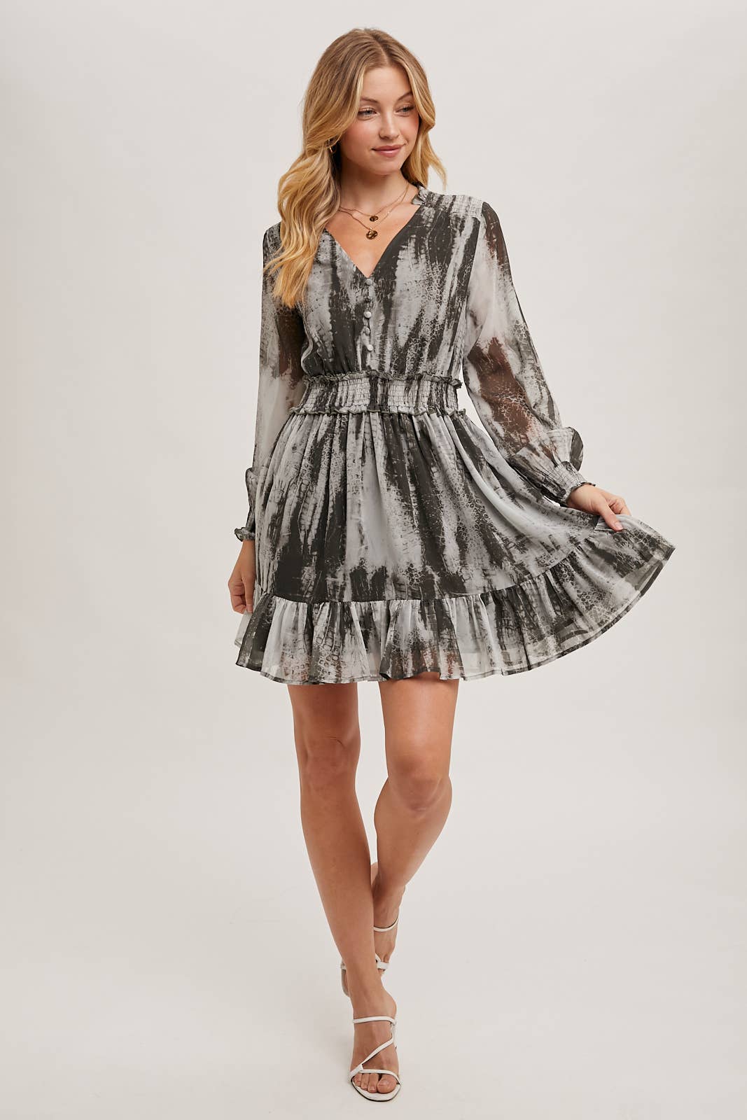 ANIMAL PRINT LONG SLEEVED V-NECK MINI DRESS