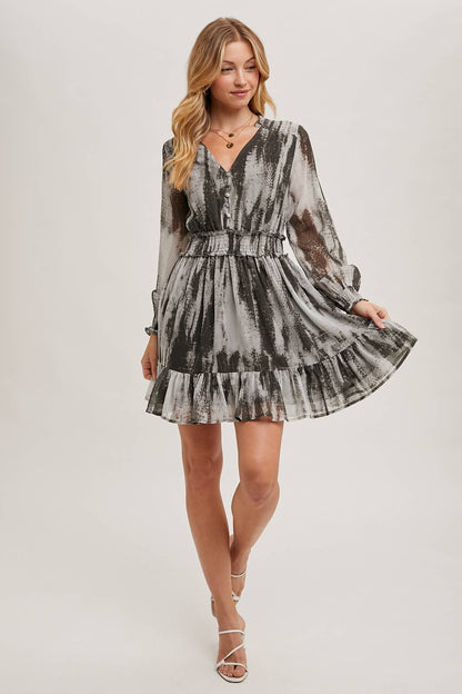 ANIMAL PRINT LONG SLEEVED V-NECK MINI DRESS