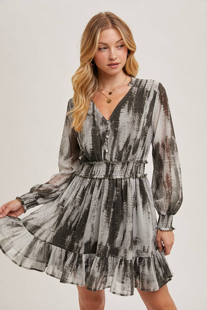 ANIMAL PRINT LONG SLEEVED V-NECK MINI DRESS