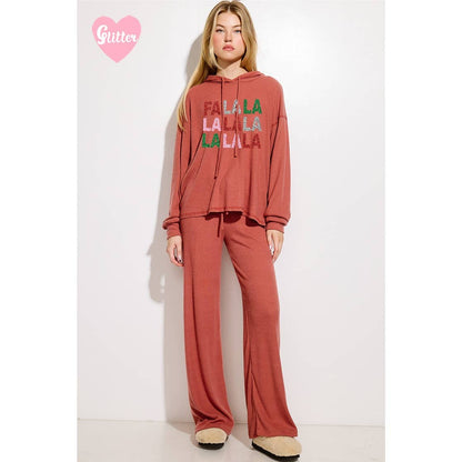 Falalala glitter print rib Hoodie loungewear set