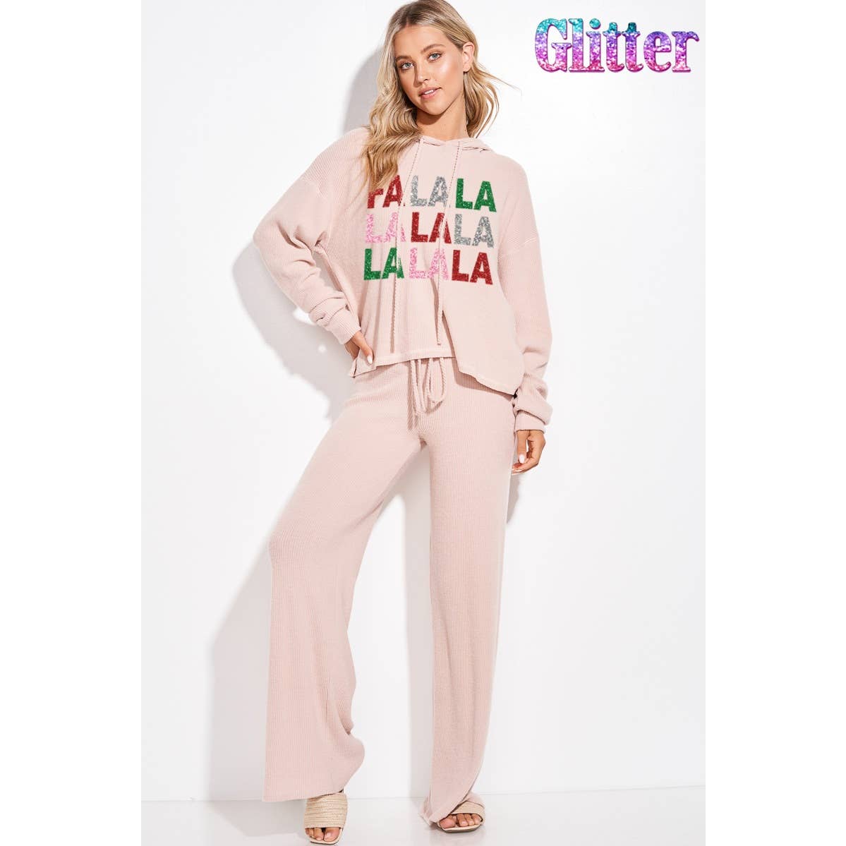 Falalala glitter print rib Hoodie loungewear set