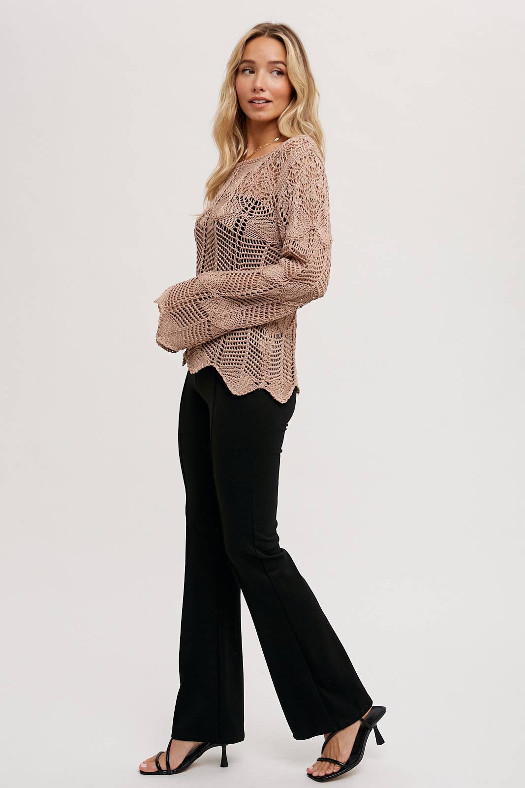Open Knit Sweater Pullover - Scallop Hem: LATTE / S