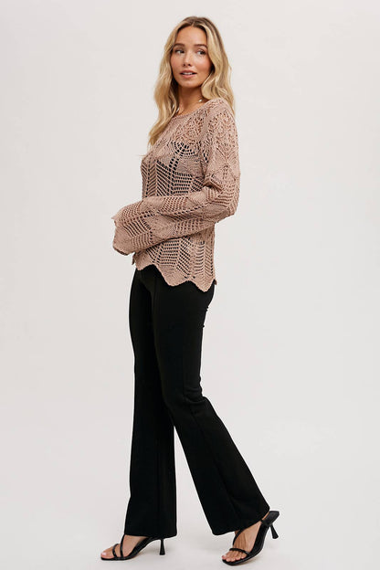 Open Knit Sweater Pullover - Scallop Hem: LATTE / L