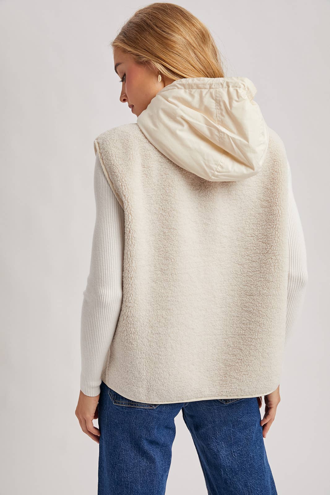 SHERPA FLEECE HOODED VEST WITH FAUX SUEDE INNER