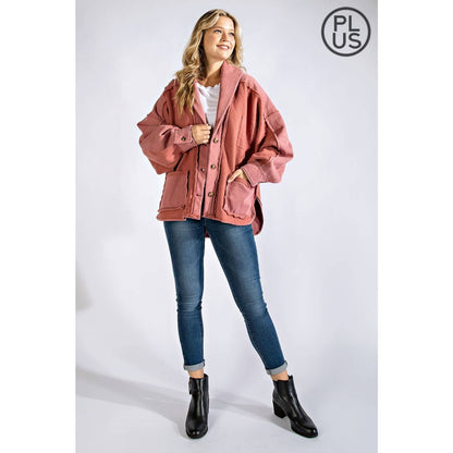 PLUS COTTON FRENCH TERRY MINERAL WASHED JACKET: Mocha / 1X