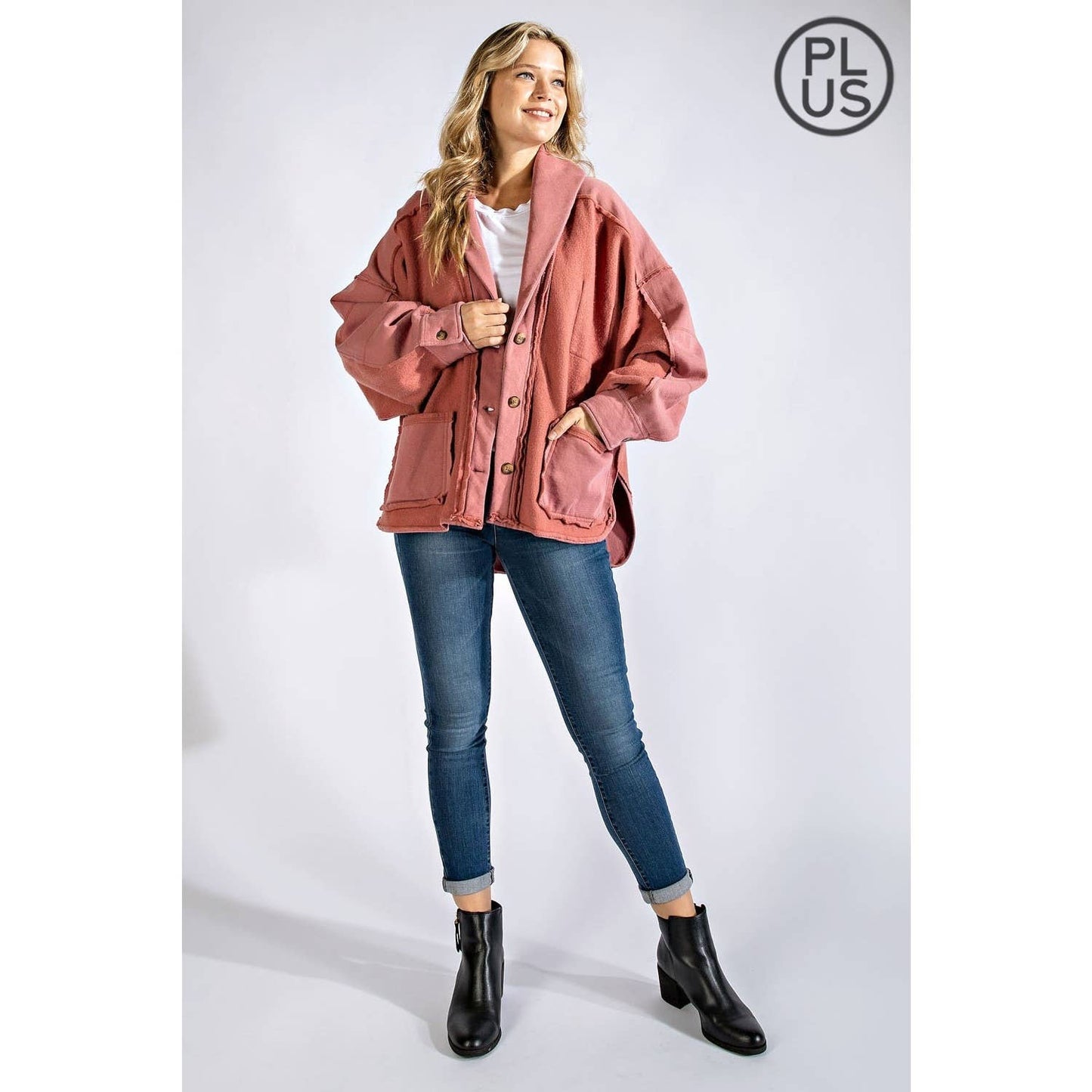 PLUS COTTON FRENCH TERRY MINERAL WASHED JACKET: Mocha / 3X