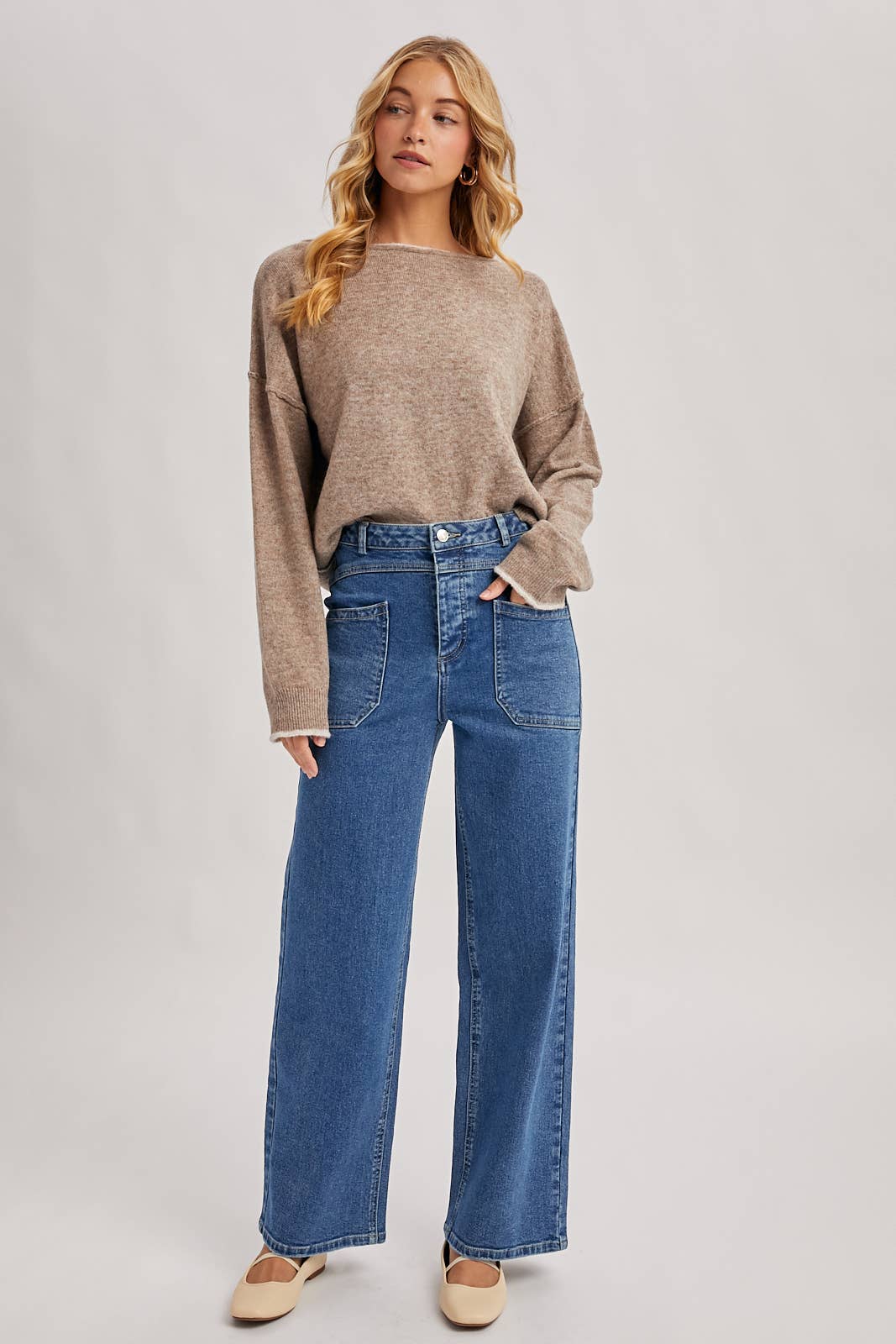 BOAT NECK ROLLED TRIM SOFT HEATHERED KNIT PULLOVER