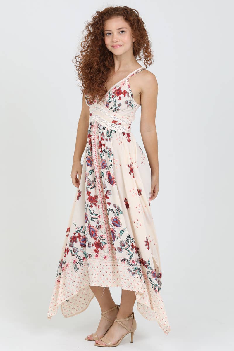 C4B17-A652 V NECK HANKY HEM MIDI DRESS WITH LACE WAIST