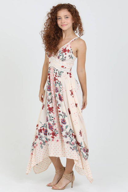 C4B17-A652 V NECK HANKY HEM MIDI DRESS WITH LACE WAIST