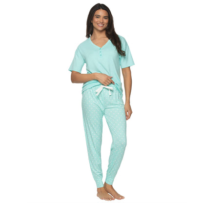 Jessie Stretch Jersey S/S V-neck Henley & Jogger Set - IWD: Island Paradise White Dots (IWD) / XL