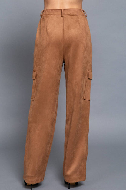 High Waist Straight Line Suede Cargo Pants