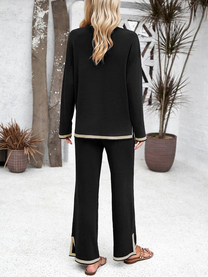 Black,Solid Color Knit Long Sleeve Sweater Pant Lounge Set