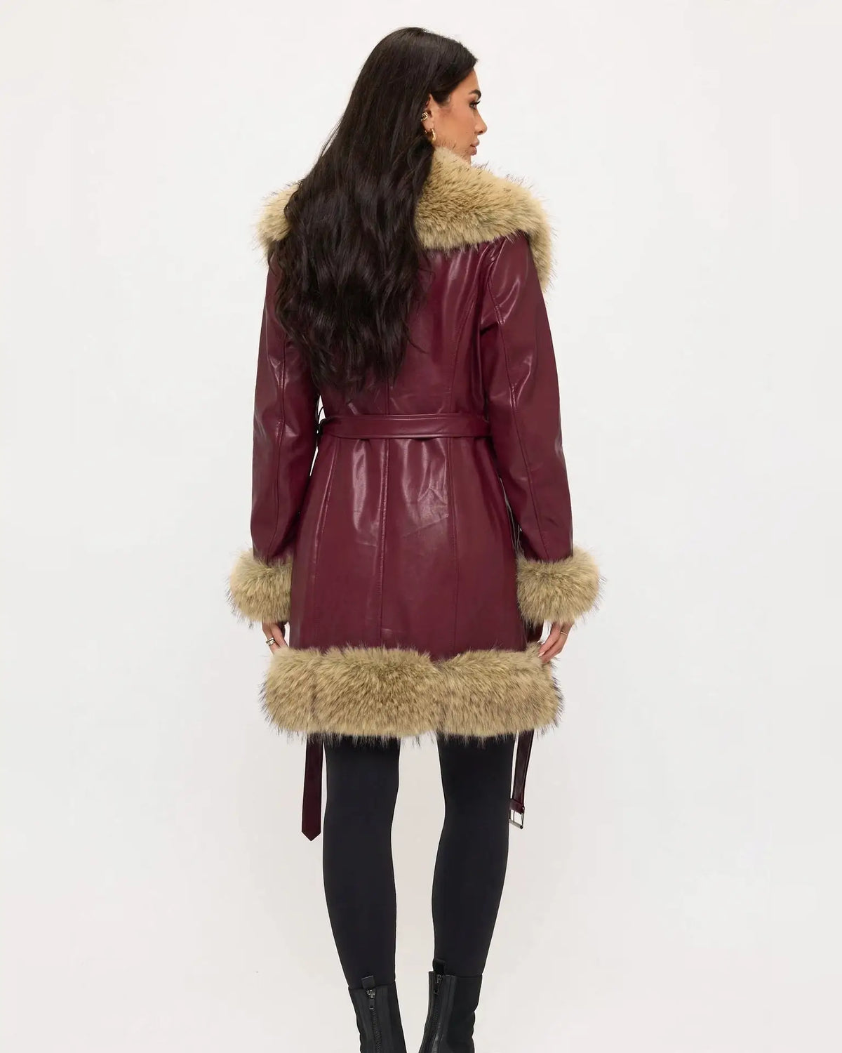 CLAPC0018: Women's Faux Leather Coat, Faux Fur Contrast Trim