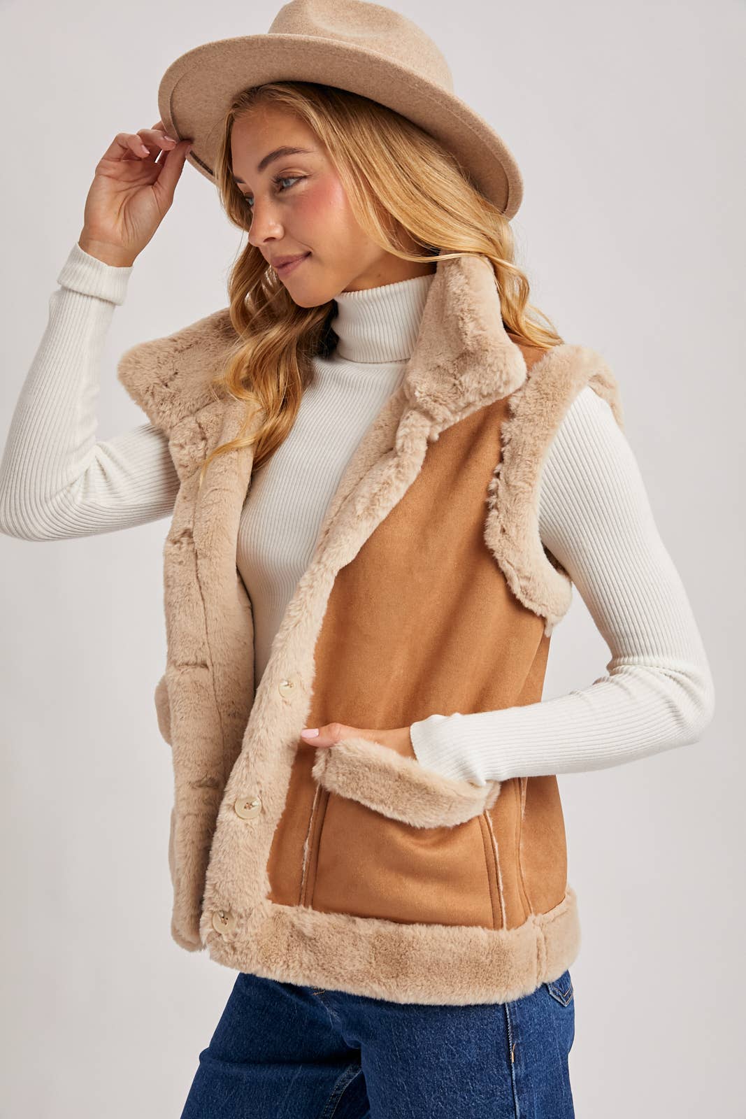 FAUX SUEDE WITH FAUX SHEARLING LINING TRIM VEST