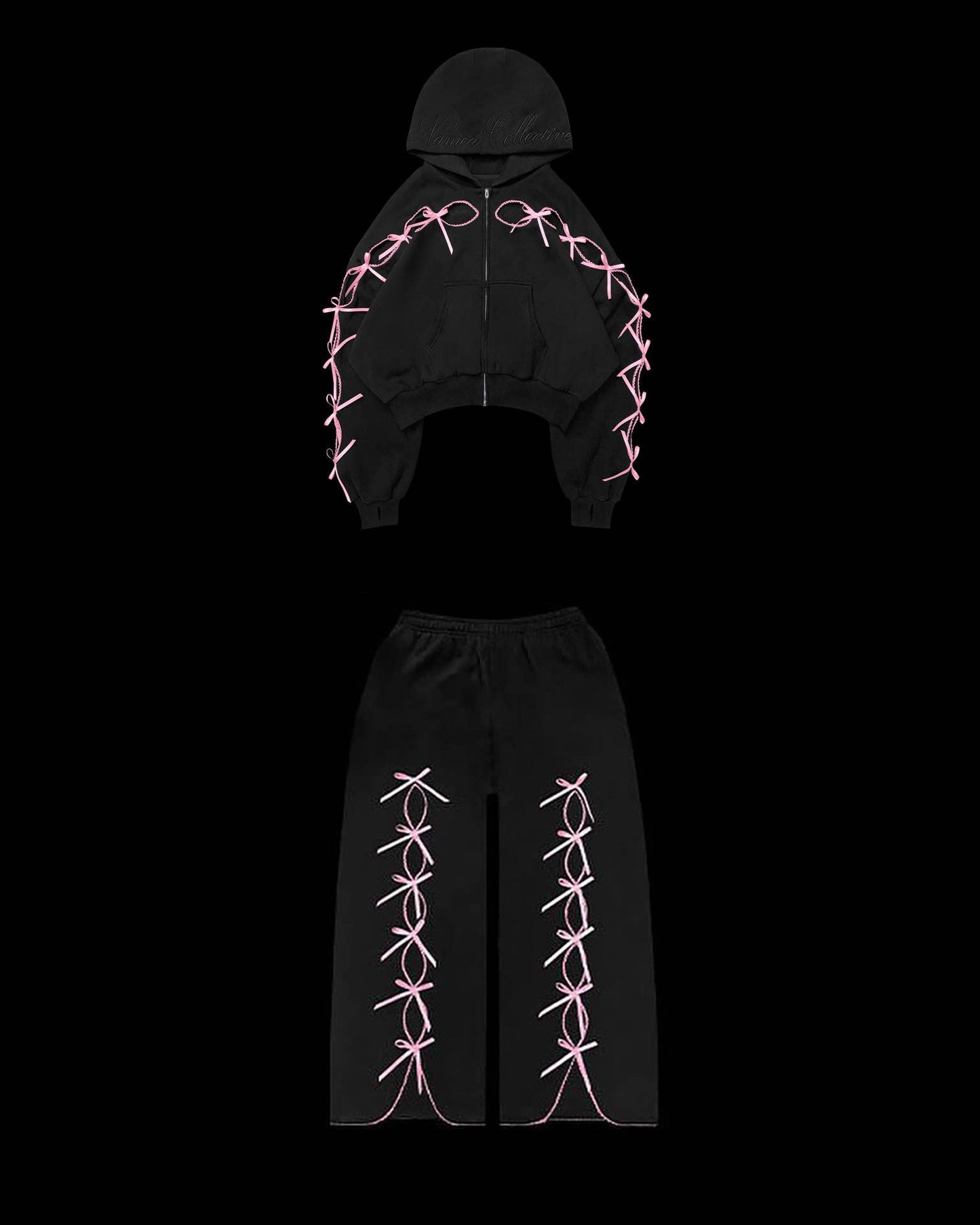Black Solid color bow velvet casual hollow sweatshirt sports pants