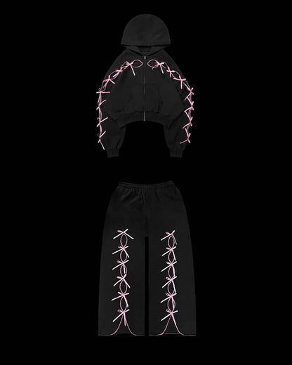 Black Solid color bow velvet casual hollow sweatshirt sports pants