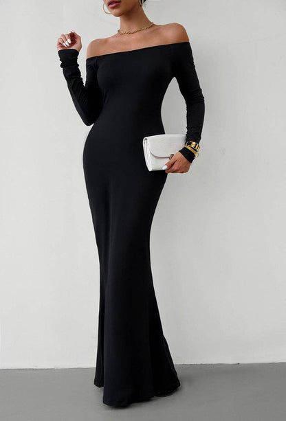 Long Sleeve Maxi Dress: Black / M Off Shoulder Solid Longline Lounge
