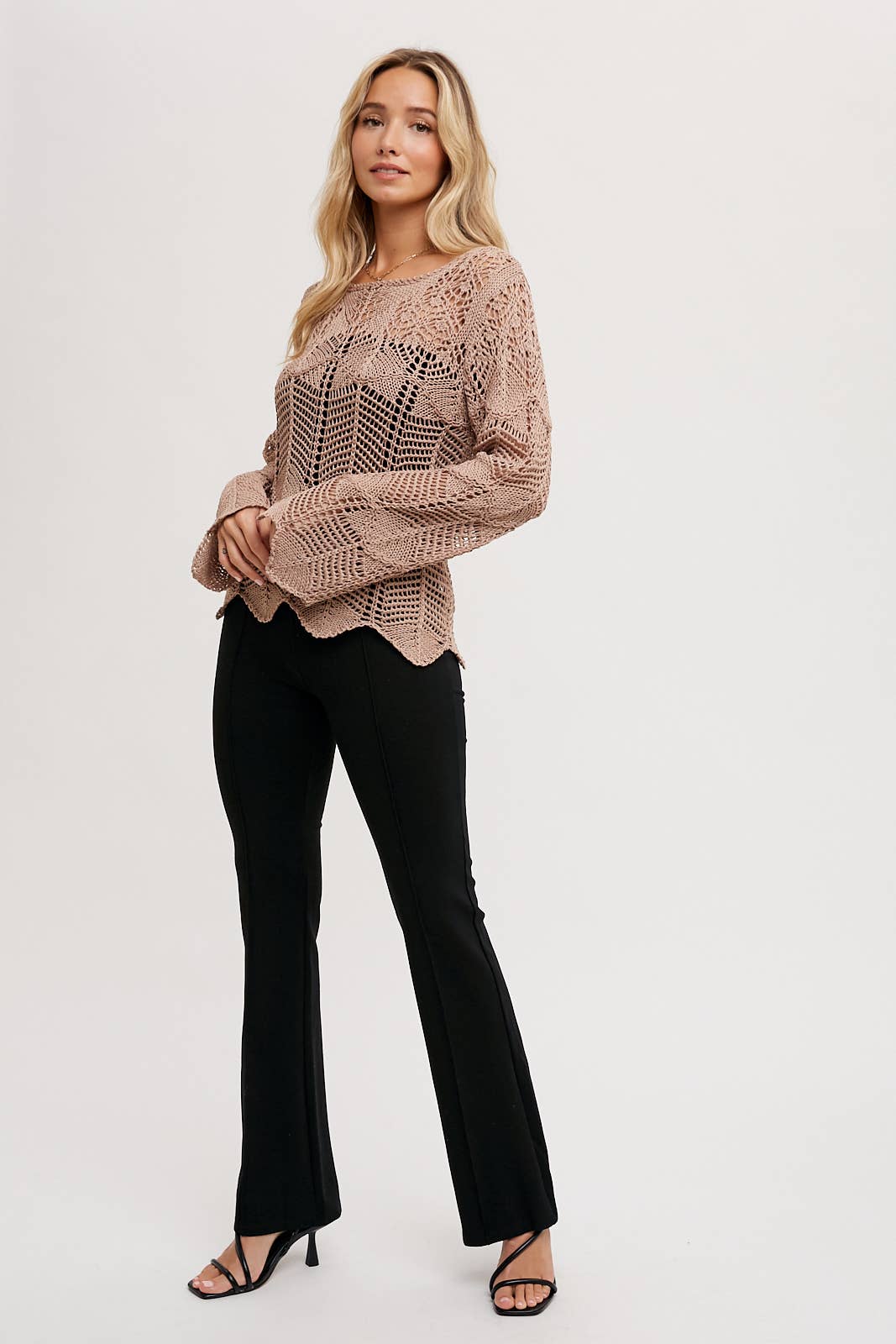 Open Knit Sweater Pullover - Scallop Hem: LATTE / S