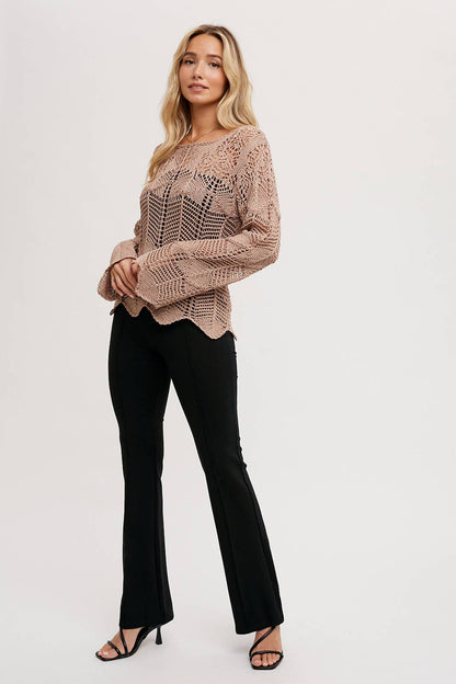 Open Knit Sweater Pullover - Scallop Hem: LATTE / S