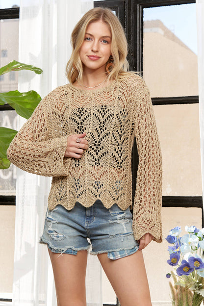 CESW3797WN- LONG SLEEVES ROUND NECK CROCHET TOP