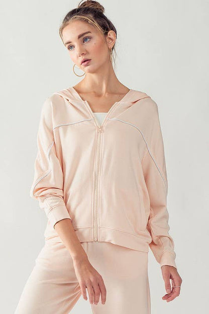 KJR11898 HOODED ZIP UP OUTER SEAM SWEATER: SURF SPRAY / S-2/M-2/L-2