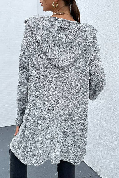 Gray Knit Dual Pocket Hooded Long Cardigan with front button: S