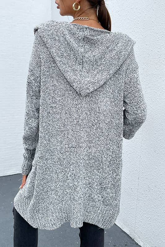 Gray Knit Dual Pocket Hooded Long Cardigan with front button: L