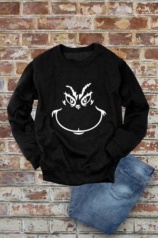 Grinch Face, Christmas, Unisex Crewneck Fleece Sweatshirts: Charcoal / L