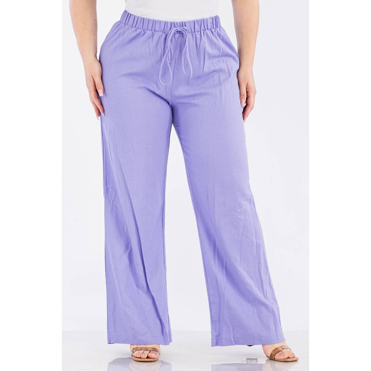 PLUS SIZE LINEN ELASTIC WAIST WIDE LEG PANTS: Black / 1X