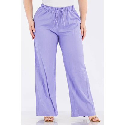 PLUS SIZE LINEN ELASTIC WAIST WIDE LEG PANTS: Black / 1X