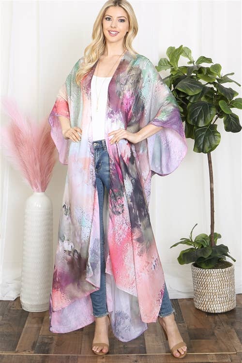 HDF3943 - TIE DYE ABSTRACT PRINT LONG KIMONO: TURQUOISE
