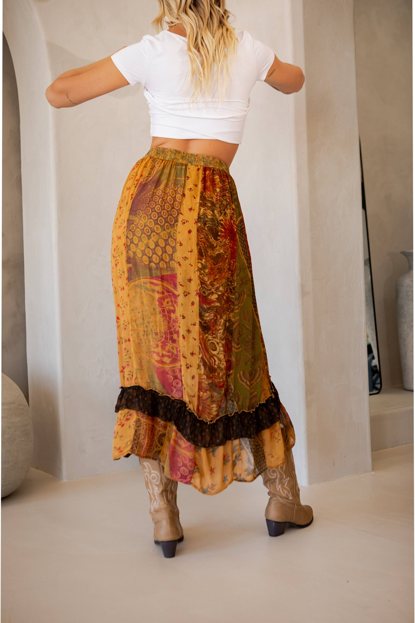 Boho Fusion: Ruffled wrapped look Fit&Flare Midi Skirt